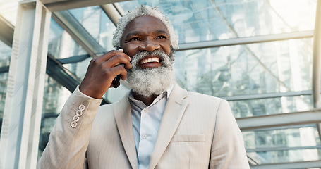 Image showing Senior black man, phone call and business conversation in city for proposal or outdoor communication. Face of mature African businessman smile and talking on mobile smartphone for discussion outside