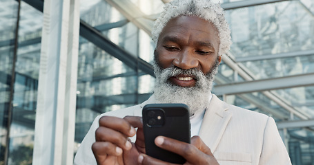 Image showing Outdoor, business and senior man with cellphone, social media and connection with website information. Entrepreneur, African person and employee with smartphone, mobile user and contact with network