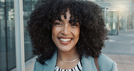 Image showing Laughing, face and business woman in the city with positive, good and confident attitude for legal career. Happy, pride and portrait of professional young female lawyer from Mexico in urban town.