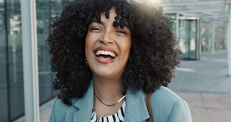 Image showing Smile, face and business woman in the city with positive, good and confident attitude for legal career. Happy, pride and portrait of professional young female lawyer from Mexico in urban town.