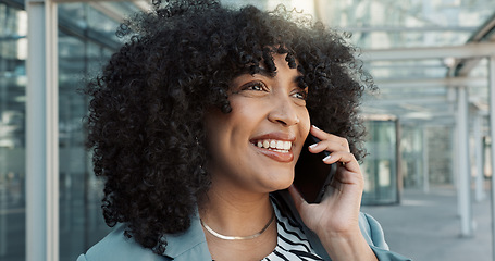 Image showing Happy black woman, phone call and business conversation in city for proposal or outdoor communication. Face of African female person, afro and smile talking on mobile smartphone in discussion outside