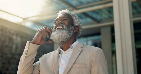 Image showing Senior black man, phone call and business in city for proposal, communication or outdoor conversation. Face of mature African businessman smile and talking on mobile smartphone for discussion outside