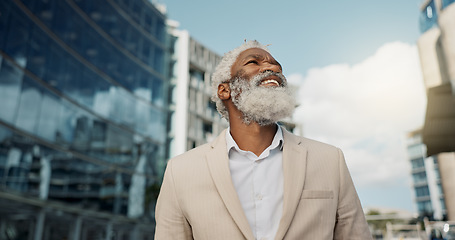 Image showing City, business and elderly man with thinking, entrepreneur and opportunity with peace, startup and decision. African person, outdoor and agent with professional, accountant and New York with choice