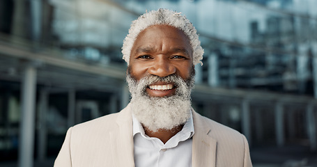 Image showing Face, smile and mature business black man in lobby of glass office for corporate employment or career closeup. Portrait, professional and confidence with happy CEO, manager or executive at work