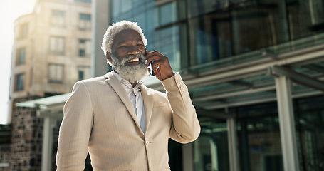 Image showing Business, phone call and old man in a city, smile and communication with planning, talking and network. Senior person, employee and outdoor with entrepreneur, cellphone and contact with conversation
