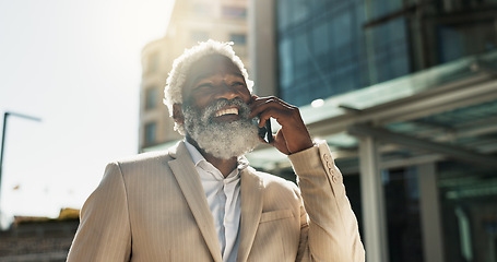 Image showing Business, phone call and old man in a city, smile and communication with planning, talking and network. Senior person, employee and outdoor with entrepreneur, cellphone and contact with conversation