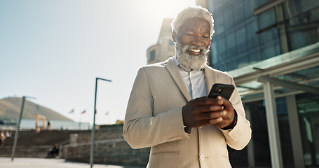 Image showing Outdoor, business or old man with cellphone, connection or mobile user with internet, typing and network. City, African person or employee with smartphone, mobile user or lens flare with social media