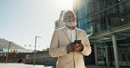 Image showing Outdoor, business or old man with cellphone, connection or mobile user with internet, typing and network. City, African person or employee with smartphone, mobile user or lens flare with social media