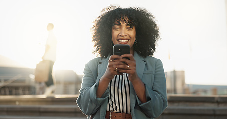 Image showing Outdoor, business and woman with cellphone, smile and contact with social media, digital app and lens flare. Outside, person and employee with smartphone, mobile user and internet with website info