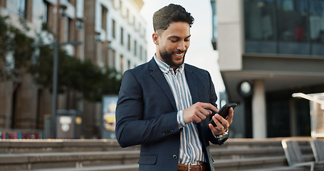 Image showing Outdoor, business and man with smartphone, typing and internet with connection, smile and network Outside, person and employee with cellphone, mobile user and social media with contact or digital app