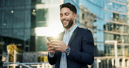 Image showing Outdoor, business and man with cellphone, smile and connection with social media, internet and network. Person, city or employee with smartphone, mobile user or lens flare with contact or digital app