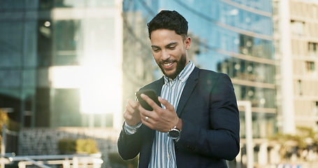 Image showing Outdoor, business and man with cellphone, smile and connection with social media, internet and network. Person, city or employee with smartphone, mobile user or lens flare with contact or digital app
