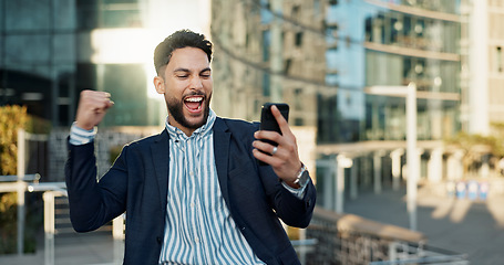 Image showing Outdoor, business and man with smartphone, winner and success with investment, wow and omg. Opportunity, African person and employee with cellphone, mobile user and lens flare with contact or network