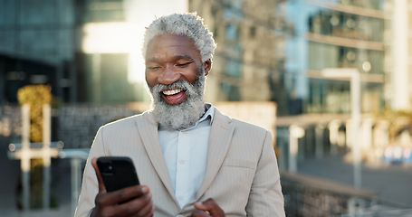 Image showing Outdoor, business and senior man with smartphone, celebration and winner with investment. Opportunity, African person and employee with cellphone, mobile user and lens flare with wow, omg and success