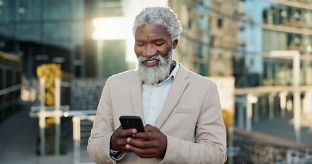 Image showing Outdoor, business and old man with cellphone, contact and typing with internet, city and smile. Opportunity, senior person and employee with smartphone, mobile user and lens flare with communication