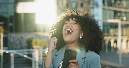 Image showing Happy business woman, phone and winning in city for bonus, promotion or good news in urban town. Excited female person or employee smile on mobile smartphone for achievement or outdoor success