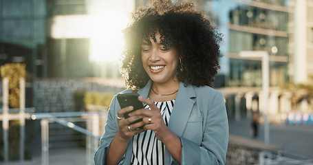 Image showing Outdoor, business and woman with cellphone, typing and contact with mobile user, lens flare and social media. Person, entrepreneur and employee with smartphone, internet and website information