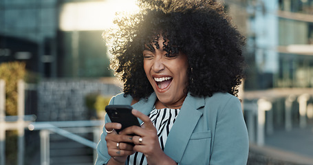 Image showing Happy business woman, phone and winning in city for bonus, promotion or good news in urban town. Excited female person or employee smile on mobile smartphone for achievement or outdoor success