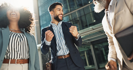 Image showing Business people, hands stack celebration and excited in city for goals, support and profit on investment. Men, woman and cheers together for winning, success and achievement with team in Cape Town