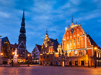 Image showing Riga Town Hall Square, House of the Blackheads, St. Roland Statu