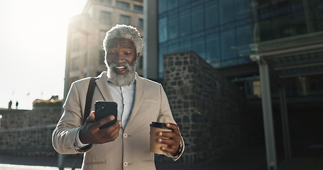 Image showing Outdoor, business and old man with a smartphone, excited and cheerful with good news, prize and social media. Senior person, employee and entrepreneur with a cellphone, city and winning with victory