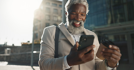 Image showing Outdoor, business and old man with a smartphone, excited and cheerful with good news, prize and social media. Senior person, employee and entrepreneur with a cellphone, city and winning with victory