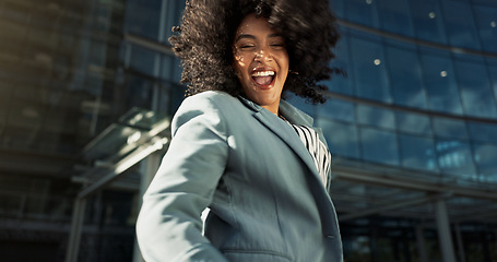 Image showing Happy, dance and business woman in the city with job promotion celebration and positive attitude. Smile, excited and professional young female person moving for good news with career in urban town.