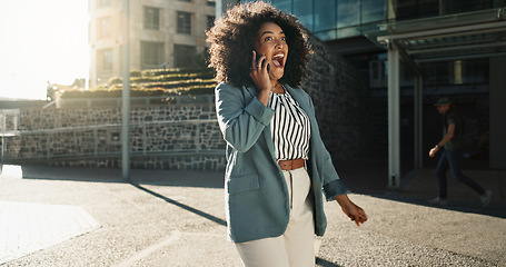 Image showing Happy, jumping and business woman with phone call in the city for job promotion celebration. Smile, dancing and professional young female person excited for good news with career in urban town.