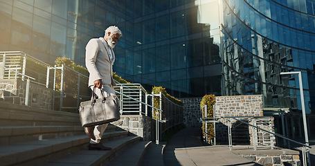 Image showing City, business and stairs with old man, walking and corporate with a briefcase, sunshine and buildings. Elderly person, employee and entrepreneur with urban town, steps and New York with professional