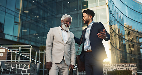 Image showing Business men, friends and walk in street, check watch and ready for meeting, schedule or happy in city. Partnership, time management and direction to workplace with discussion, road or metro sidewalk