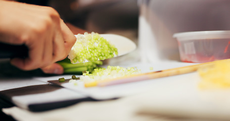 Image showing Hands, cut and vegetables on table with knife, japanese food and chef by dinner for healthy diet. Person, cooking and ingredients for vegetarian lunch for nutrition and board by meal prep in kitchen