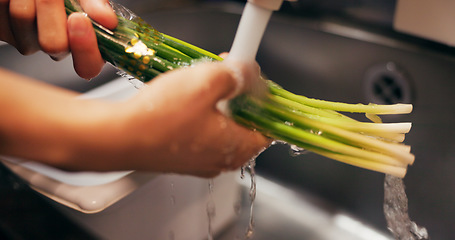 Image showing Chef hands, wash spring onion and sink for dirt, virus or bacteria for safety, cooking and meal prep. Person, closeup and cleaning vegetable in water, faucet or kitchen for catering at restaurant job