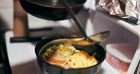 Image showing Japanese, ramen and food in restaurant, soup and ingredients, preparation and chef skill with decoration. Person cooking traditional cuisine, closeup for nutrition with garnish and broth on noodles