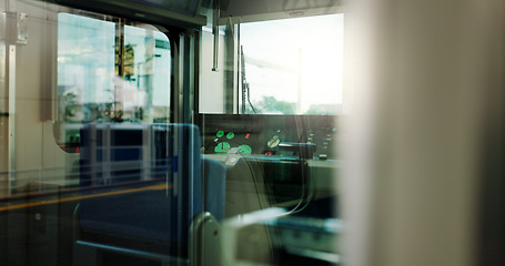 Image showing Train, window and rail transportation for commute or control room for travel, adventure or public. Platform, tourism and safety service in Japan for Tokyo schedule or dashboard panel, cart or route