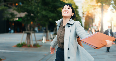 Image showing City, celebration or Japanese woman excited by work promotion, achievement or success. Professional person, happy winner or walking in street for goal, energy or career growth with gratitude or smile