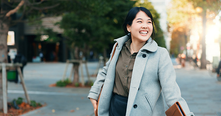 Image showing City, celebration or Japanese woman excited by work promotion, achievement or success. Professional person, happy winner or walking in street for goal, energy or career growth with gratitude or smile