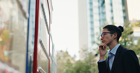 Image showing Man, thinking and choice at the vending machine for food or hot drink with businessman in city. Shopping, automatic service and hungry professional customer with decision downtown in Tokyo Japan