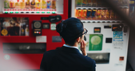 Image showing Vending machine, business man and thinking, decision or choice of automatic service on digital tech at night in city outdoor. Back, shopping and professional customer in urban town in Tokyo Japan