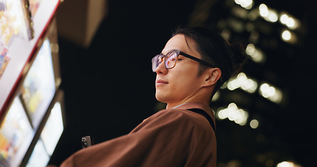 Image showing Vending machine, man and payment in city at night, automatic digital purchase or choice of juice outdoor in urban town. Smartphone, shopping and Japanese business person on mobile technology in Tokyo