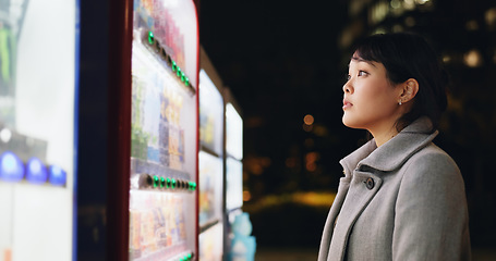 Image showing Vending machine, woman and phone payment at night, automatic digital purchase or choice of food in city outdoor. Smartphone, shopping and Japanese business person on mobile technology in urban town