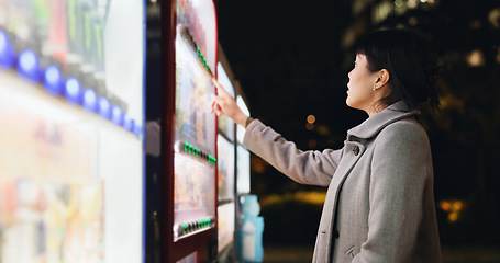 Image showing Vending machine, woman and phone payment at night, automatic digital purchase or choice of food in city outdoor. Smartphone, shopping and Japanese business person on mobile technology in urban town
