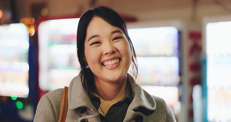 Image showing Laughing, face and confident businesswoman on lunch break in japanese town with vending machine technology. Person, portrait and happiness in professional career, funny joke and bokeh in tokyo city