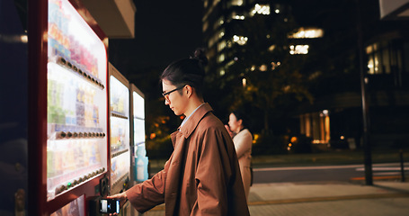 Image showing Vending machine, man and phone payment at night, automatic digital purchase or choice in city outdoor. Smartphone, shopping dispenser and Japanese business person on mobile technology in urban Tokyo