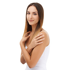 Image showing Woman, hair care and natural beauty in portrait isolated on a white studio background mockup space. Face, hairstyle and young model in cosmetics, hairdresser salon treatment or skincare glow of body