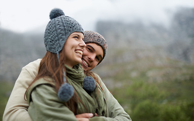 Image showing Couple, hug and happy on hiking vacation in outdoors, love and bonding in relationship for connection. People, embrace and travel for exploring adventure, romance and security in marriage on mountain