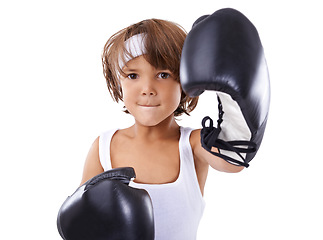 Image showing Boxing, fist and portrait of child in fight with courage and learning martial arts in white background. Challenge, boxer or kid with training in self defense, exercise or practice with gear in studio