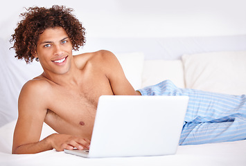 Image showing Laptop, bedroom and portrait of happy man with online research, social media blog and morning news from USA. Technology, home bed and computer user with web search on freelance remote work