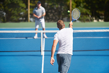 Image showing Tennis, game and men with fitness, friends and competition with training and exercise with a ball. Players, practice and guys with rackets and court with workout and sunshine with challenge or cardio