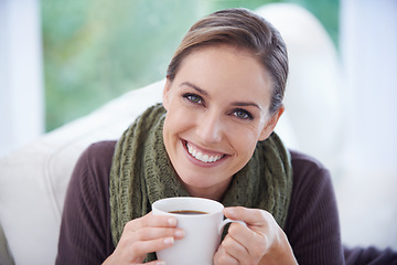 Image showing Coffee, relax and portrait of woman in home for calm, wellness and peace on sofa in living room. Morning, breakfast and happy person with mug for drinking tea, caffeine and hot beverage in house