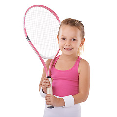 Image showing Tennis, sports and portrait of girl on a white background for training, workout and exercise. Fitness, happy and isolated young child with racket for hobby, activity and fun for wellness in studio